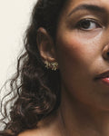 A close-up portrait of a woman with fiocco earrings, her eyes looking to the side.