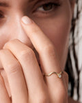 A close-up image of a person's finger showcasing a gold ring with a small, round diamond on it.